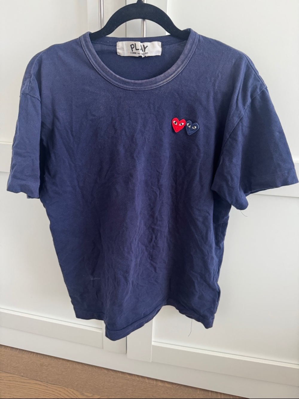 Comme des Garçons PLAY Navy Tee with Red & Blue Heart Logos